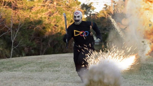 An Astro-Zombie running through lethal mortar fire